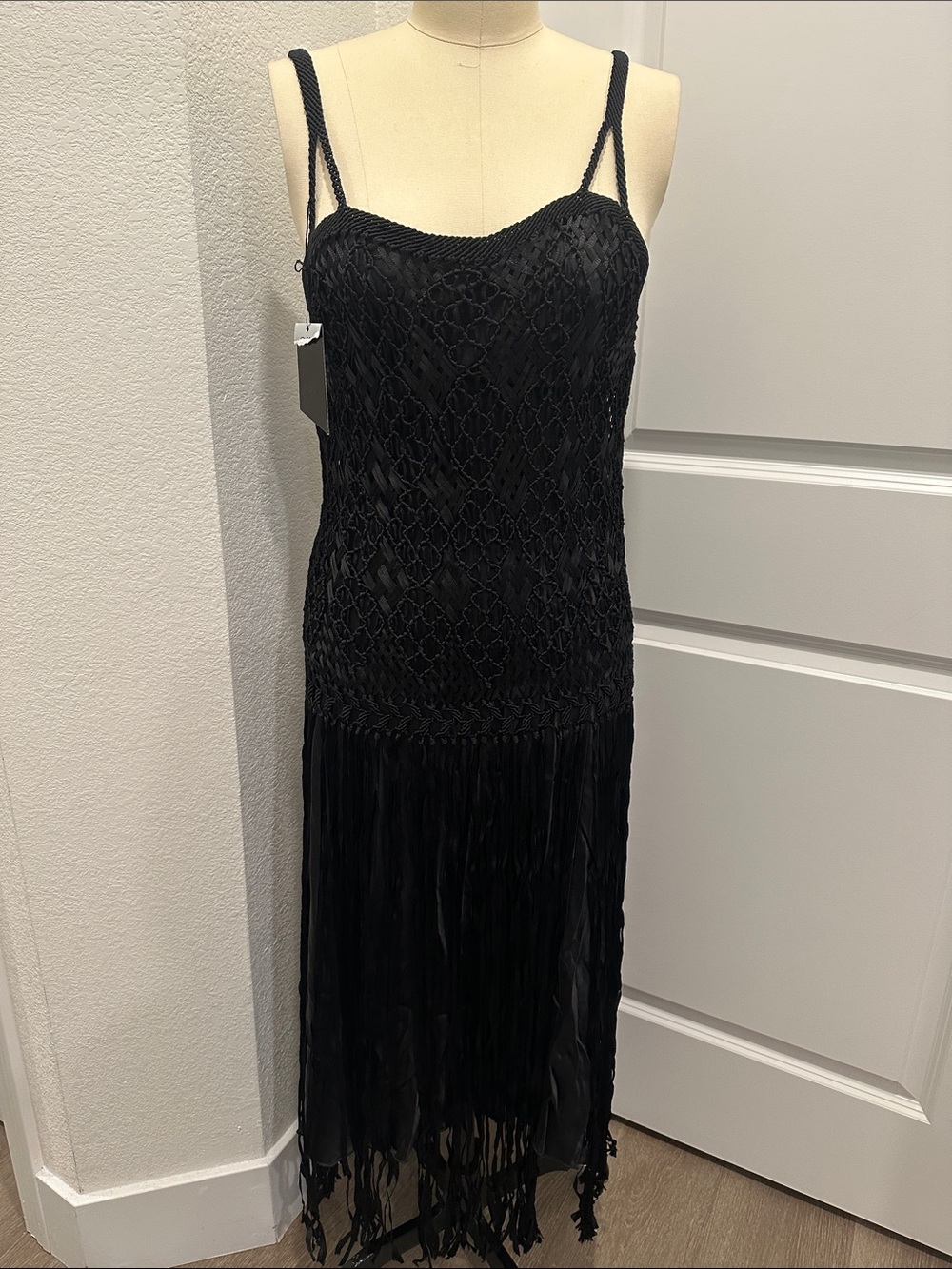 Black Fringe maxi Slip Dress y2k deadstock 90s tassel silk euro boho fairy